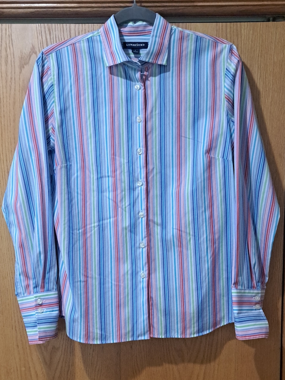 Lands' End Women's Striped Dress Shirt in Blue, Pink, Green